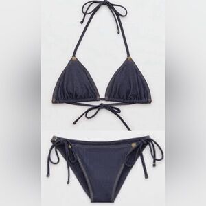 NWT AE x Aerie FULL SET Match Made In Denim String Triangle Top + Tie Bottoms M